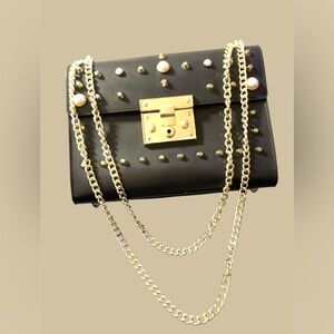 NWOT Black Studded Persaman Genuine Leather Gold Chain Shoulder Bag Made Italy